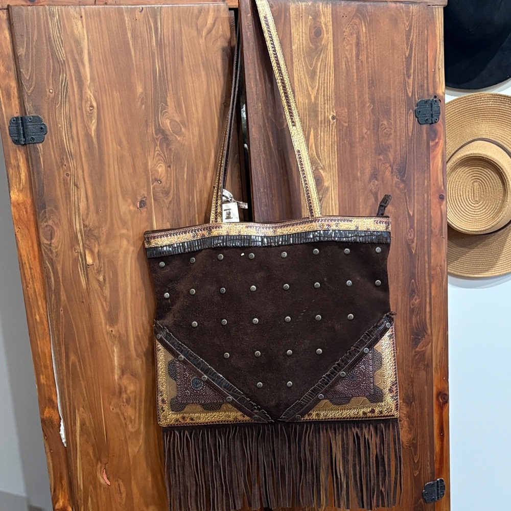 Rare Braccialini western style, suede and leather Brown Fringed Tote Bag